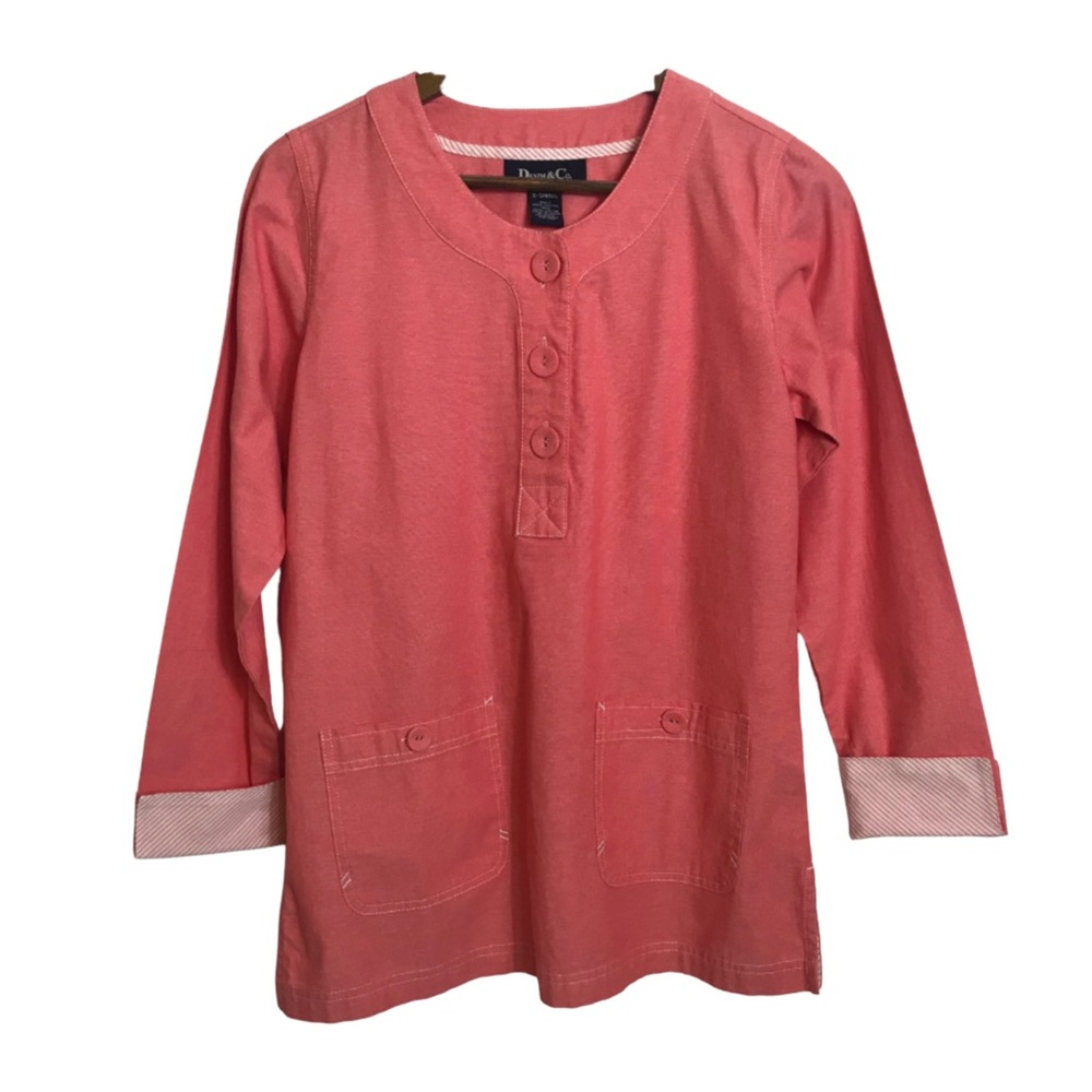 Denim & Co. Popover Top Coral Orange Contrast French Cuff Utility Pockets Tunic